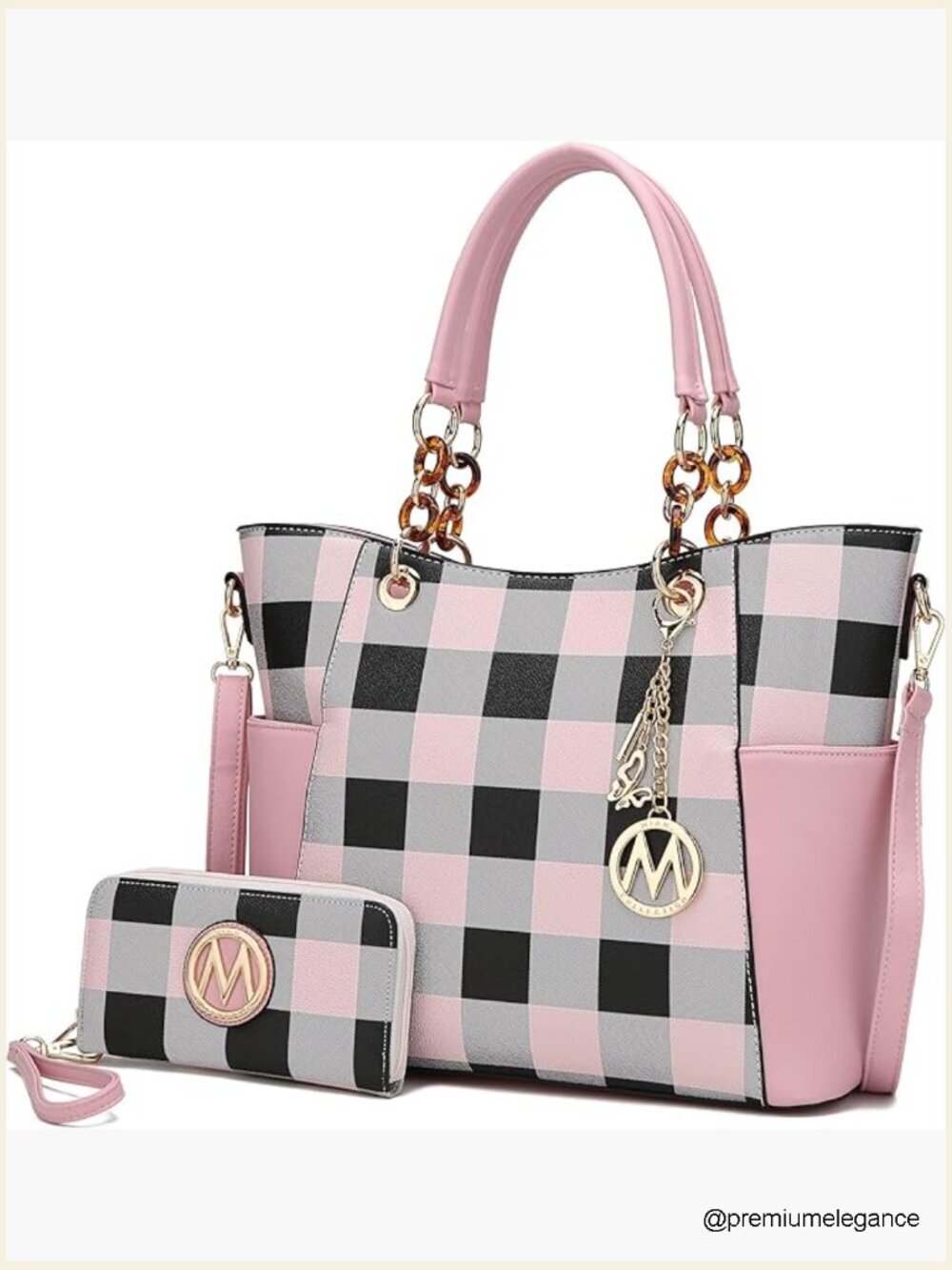Tote and Wristlet Set with Vegan Leather, Multiple Pockets, Gold-Tone Hardware